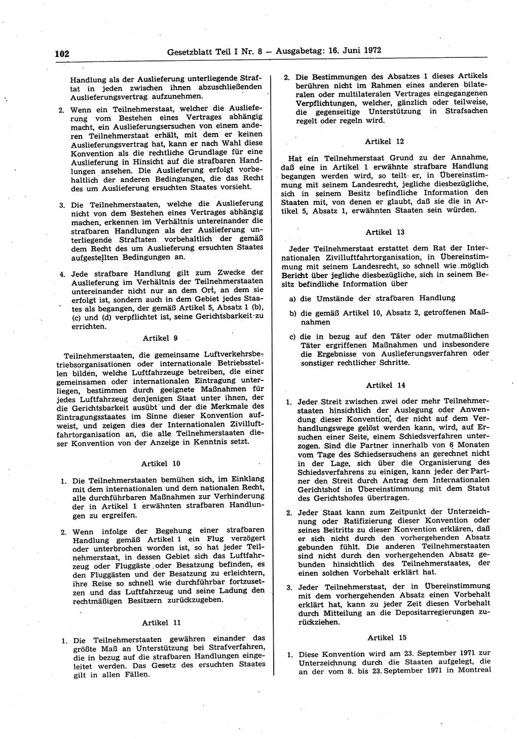 Gesetzblatt (GBl.) der Deutschen Demokratischen Republik (DDR) Teil Ⅰ 1972, Seite 102 (GBl. DDR Ⅰ 1972, S. 102)