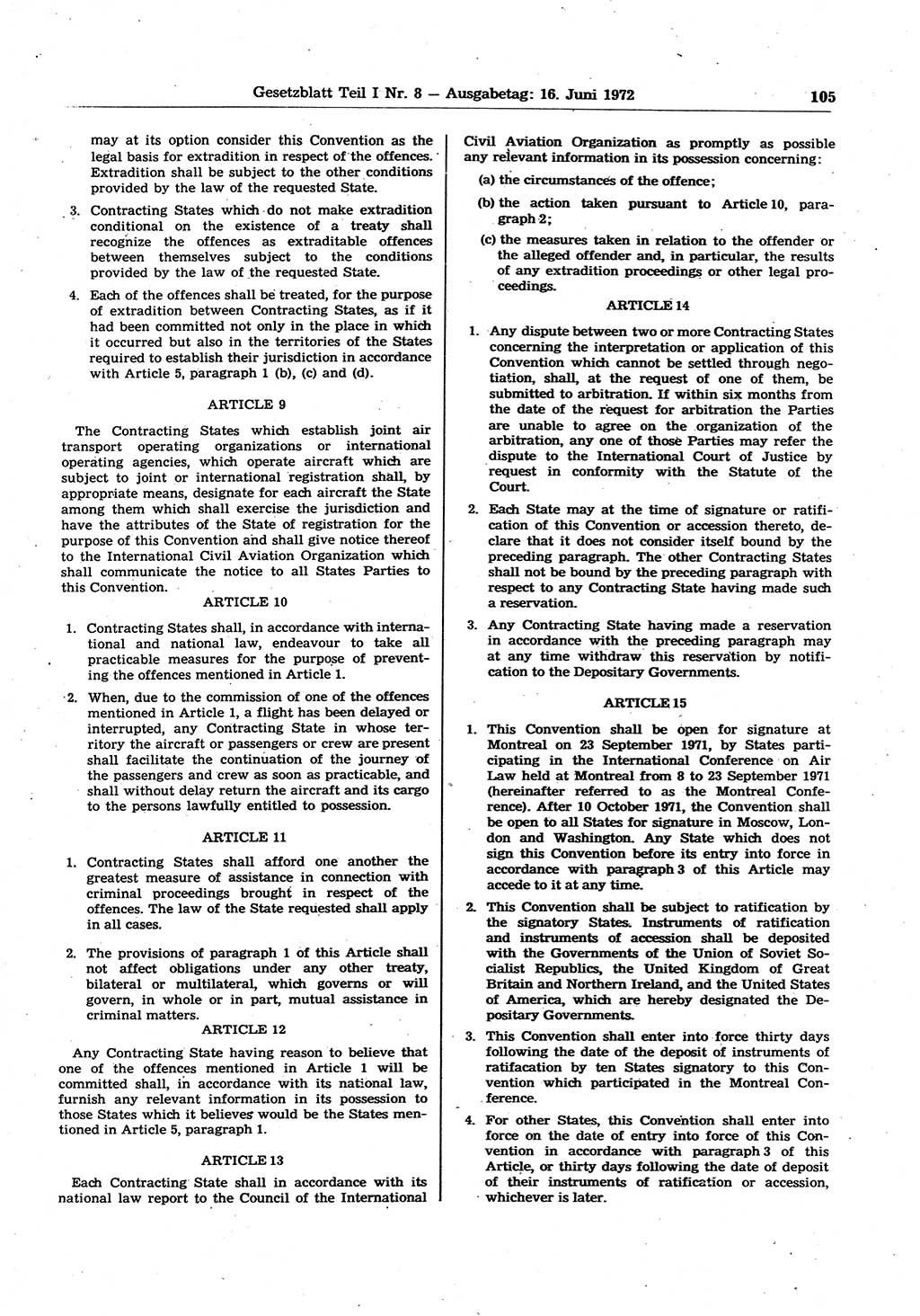 Gesetzblatt (GBl.) der Deutschen Demokratischen Republik (DDR) Teil Ⅰ 1972, Seite 105 (GBl. DDR Ⅰ 1972, S. 105)