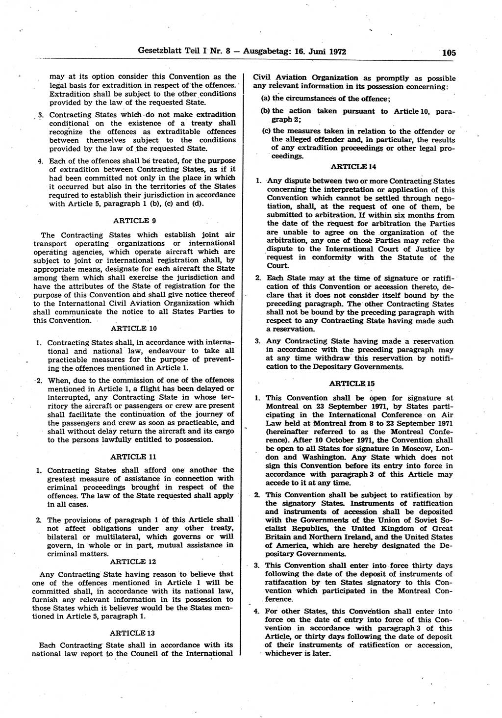 Gesetzblatt (GBl.) der Deutschen Demokratischen Republik (DDR) Teil Ⅰ 1972, Seite 105 (GBl. DDR Ⅰ 1972, S. 105)
