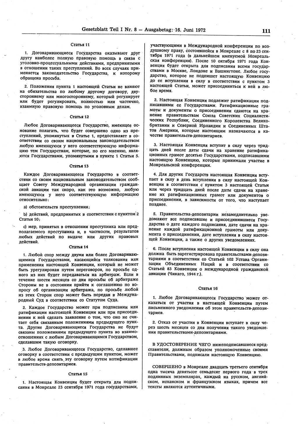 Gesetzblatt (GBl.) der Deutschen Demokratischen Republik (DDR) Teil Ⅰ 1972, Seite 111 (GBl. DDR Ⅰ 1972, S. 111)