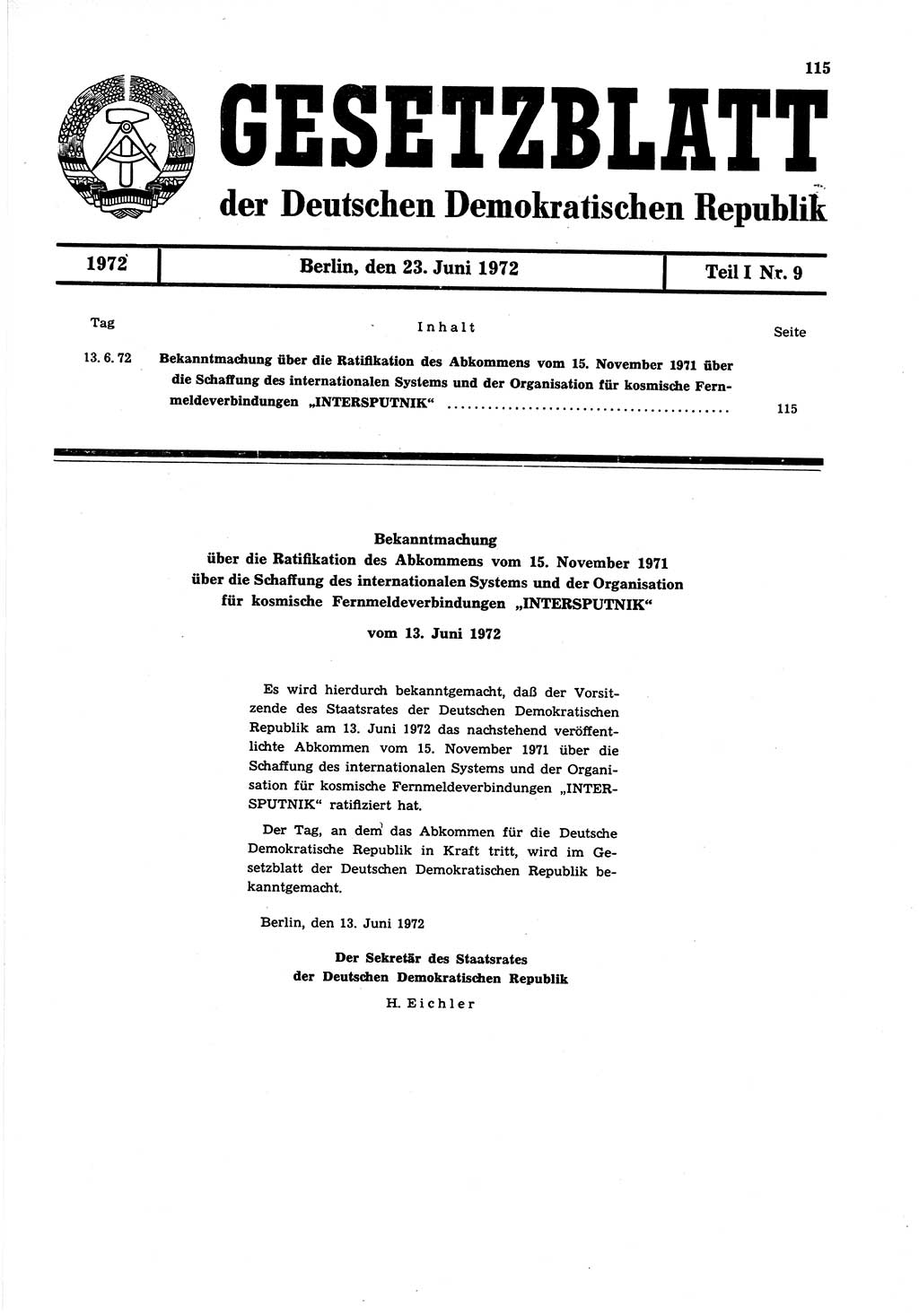 Gesetzblatt (GBl.) der Deutschen Demokratischen Republik (DDR) Teil Ⅰ 1972, Seite 115 (GBl. DDR Ⅰ 1972, S. 115)