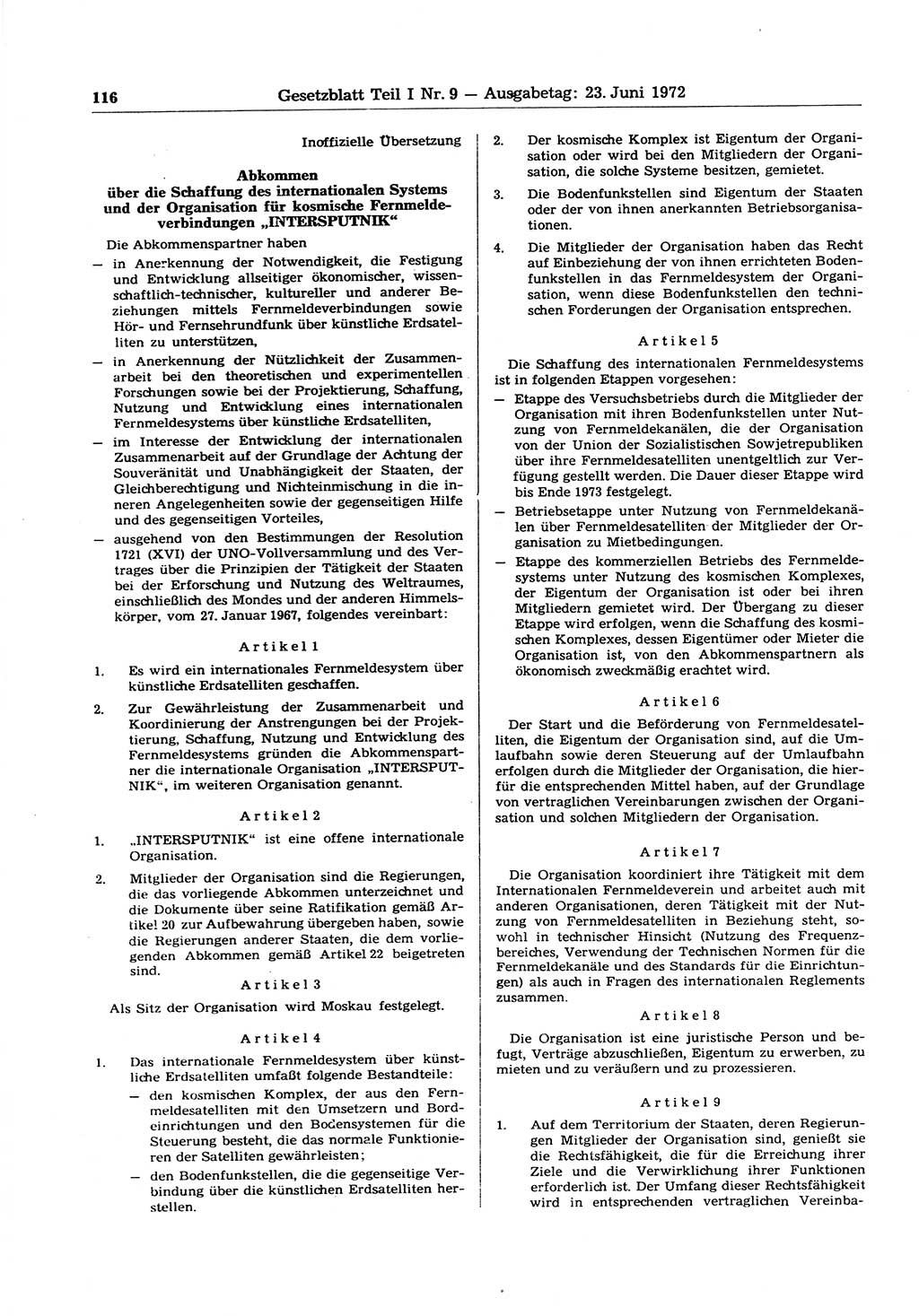Gesetzblatt (GBl.) der Deutschen Demokratischen Republik (DDR) Teil Ⅰ 1972, Seite 116 (GBl. DDR Ⅰ 1972, S. 116)