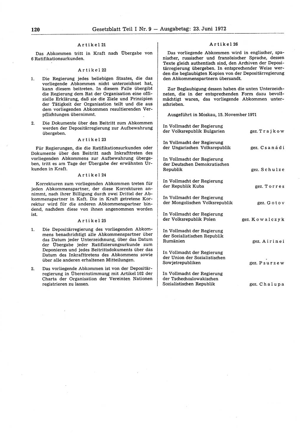 Gesetzblatt (GBl.) der Deutschen Demokratischen Republik (DDR) Teil Ⅰ 1972, Seite 120 (GBl. DDR Ⅰ 1972, S. 120)