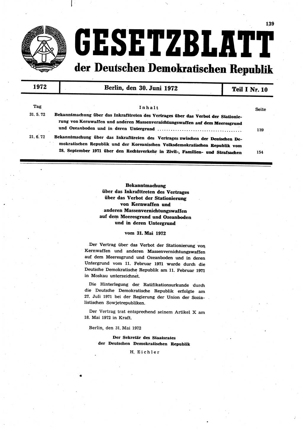 Gesetzblatt (GBl.) der Deutschen Demokratischen Republik (DDR) Teil Ⅰ 1972, Seite 139 (GBl. DDR Ⅰ 1972, S. 139)