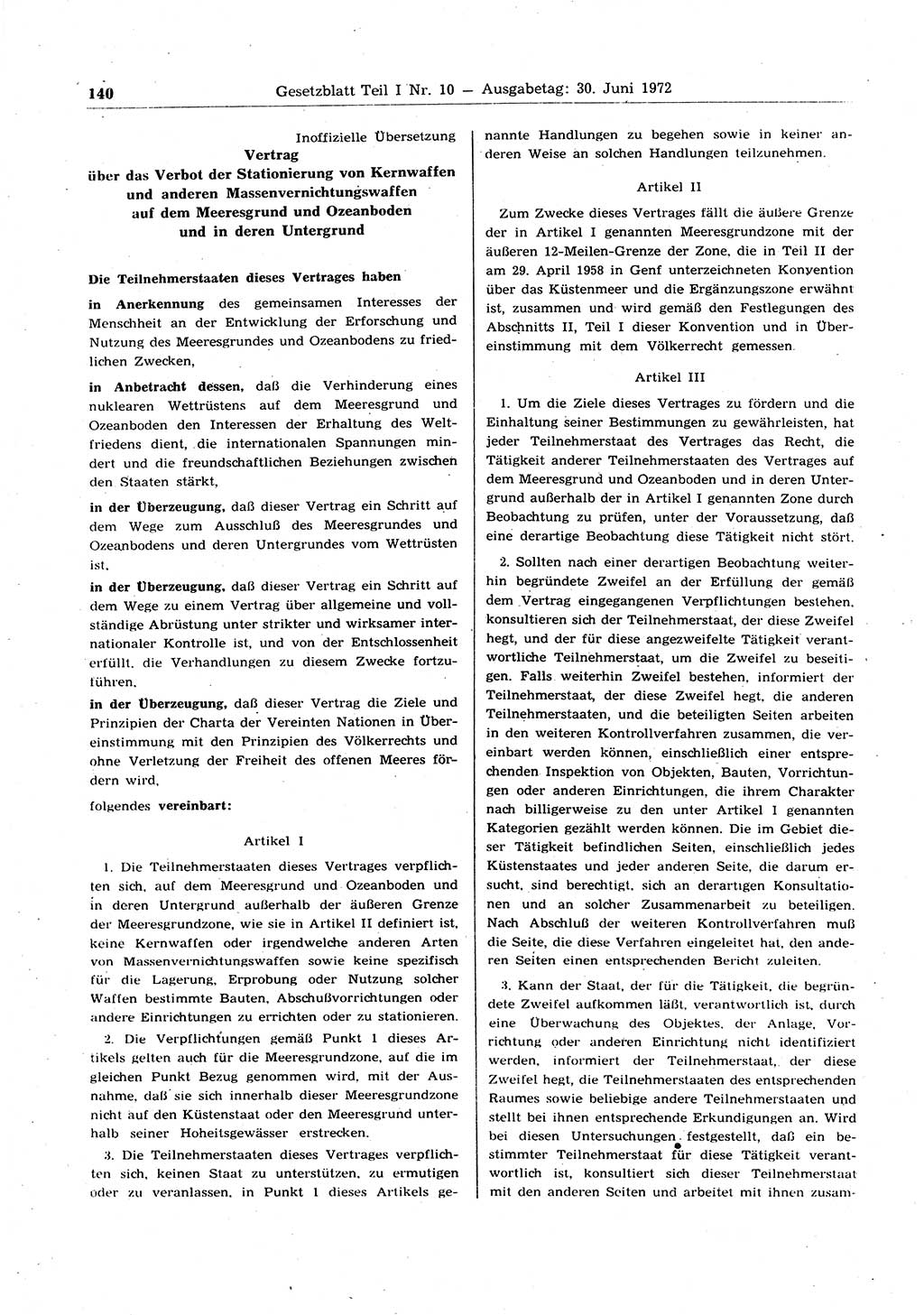 Gesetzblatt (GBl.) der Deutschen Demokratischen Republik (DDR) Teil Ⅰ 1972, Seite 140 (GBl. DDR Ⅰ 1972, S. 140)
