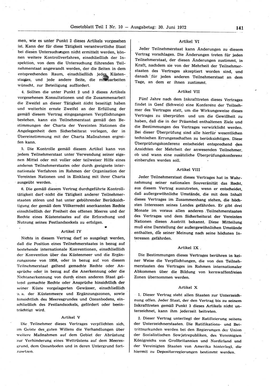 Gesetzblatt (GBl.) der Deutschen Demokratischen Republik (DDR) Teil Ⅰ 1972, Seite 141 (GBl. DDR Ⅰ 1972, S. 141)