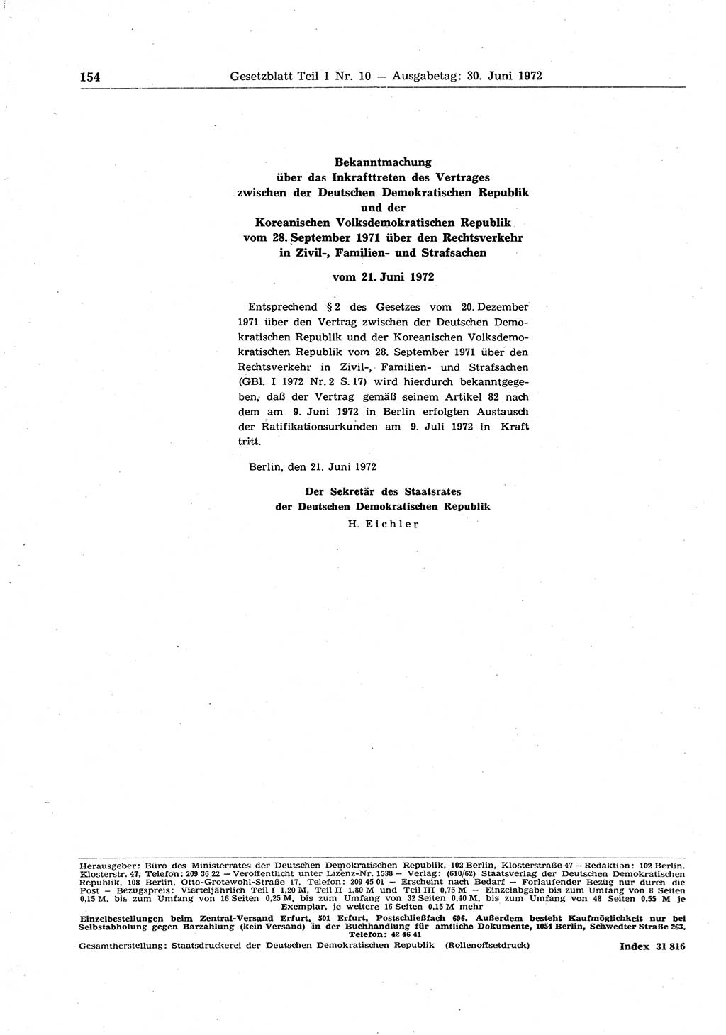 Gesetzblatt (GBl.) der Deutschen Demokratischen Republik (DDR) Teil Ⅰ 1972, Seite 154 (GBl. DDR Ⅰ 1972, S. 154)