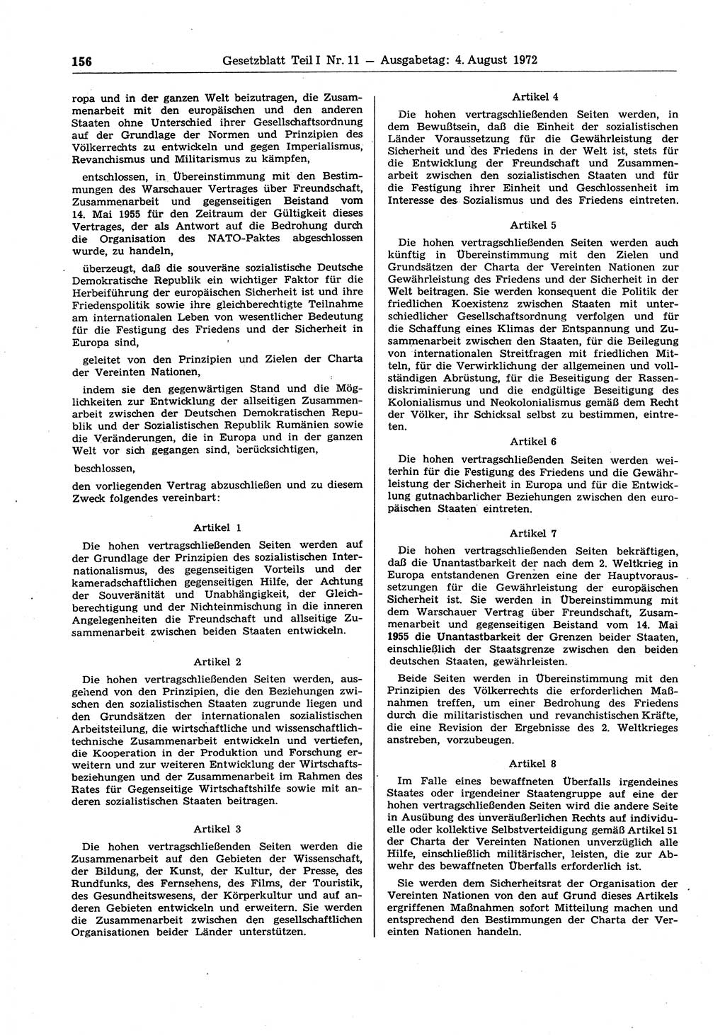 Gesetzblatt (GBl.) der Deutschen Demokratischen Republik (DDR) Teil Ⅰ 1972, Seite 156 (GBl. DDR Ⅰ 1972, S. 156)