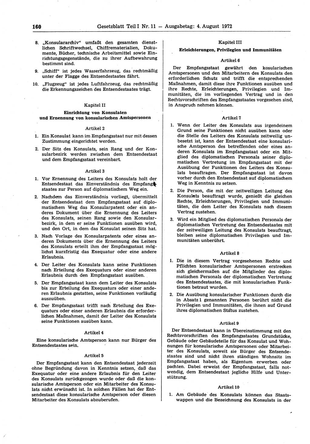 Gesetzblatt (GBl.) der Deutschen Demokratischen Republik (DDR) Teil Ⅰ 1972, Seite 160 (GBl. DDR Ⅰ 1972, S. 160)