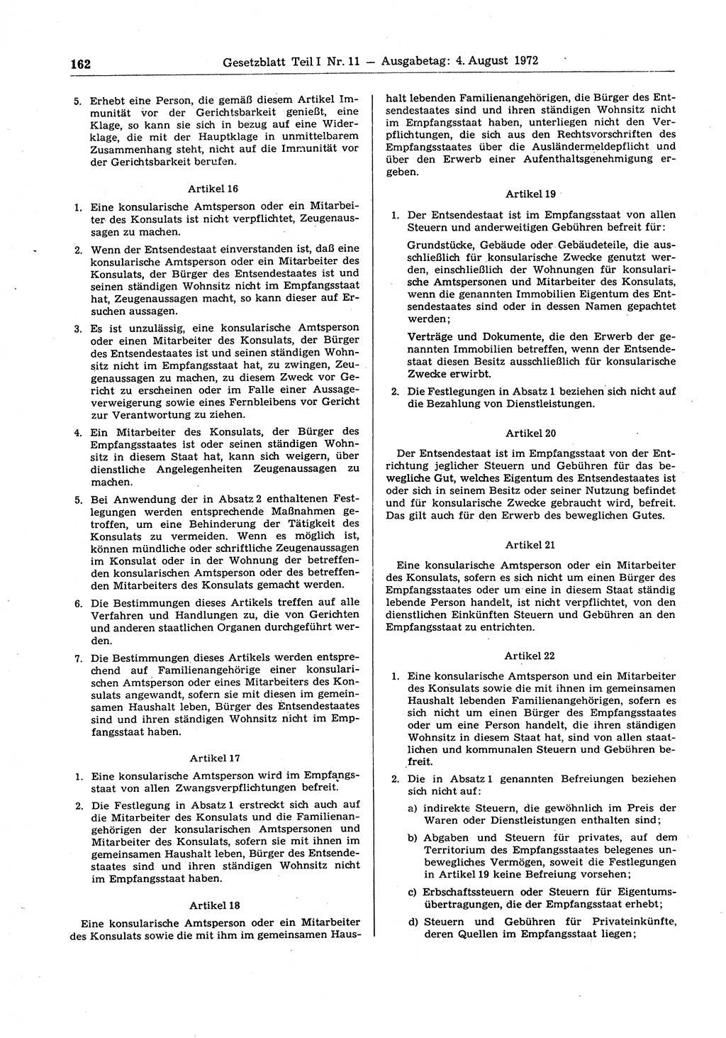 Gesetzblatt (GBl.) der Deutschen Demokratischen Republik (DDR) Teil Ⅰ 1972, Seite 162 (GBl. DDR Ⅰ 1972, S. 162)