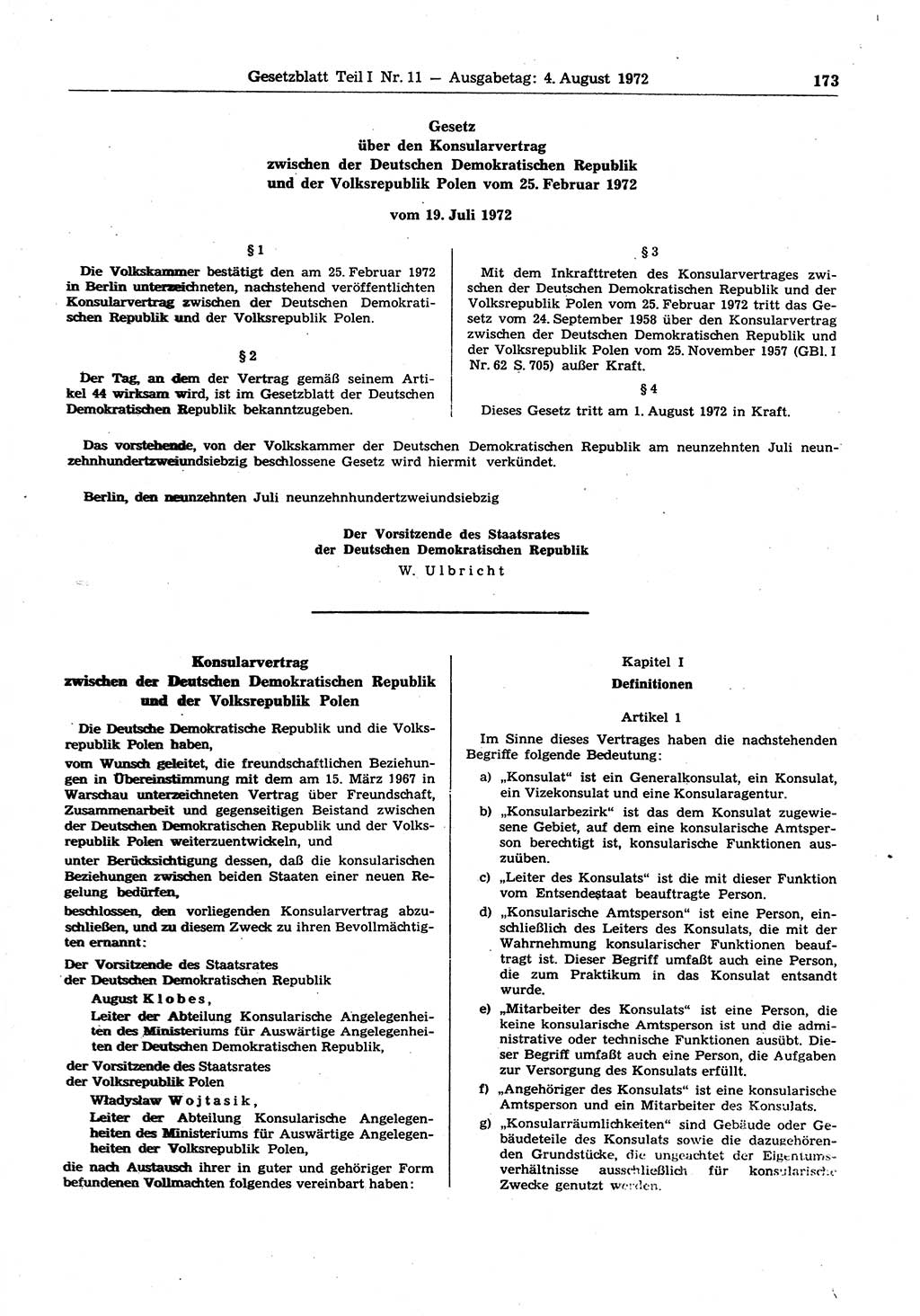 Gesetzblatt (GBl.) der Deutschen Demokratischen Republik (DDR) Teil Ⅰ 1972, Seite 173 (GBl. DDR Ⅰ 1972, S. 173)