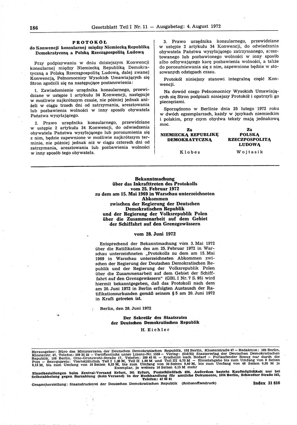 Gesetzblatt (GBl.) der Deutschen Demokratischen Republik (DDR) Teil Ⅰ 1972, Seite 186 (GBl. DDR Ⅰ 1972, S. 186)