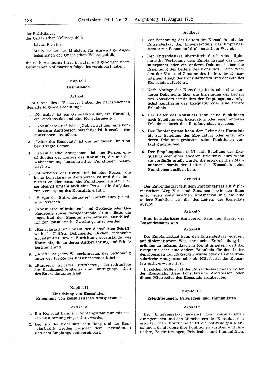Gesetzblatt (GBl.) der Deutschen Demokratischen Republik (DDR) Teil Ⅰ 1972, Seite 188 (GBl. DDR Ⅰ 1972, S. 188)