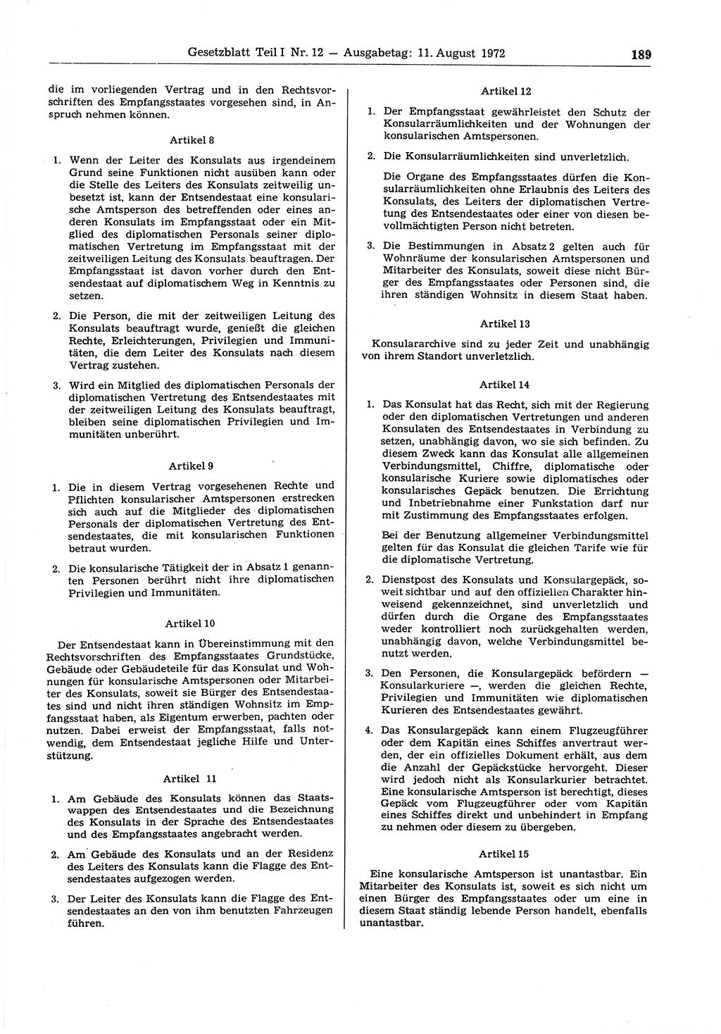 Gesetzblatt (GBl.) der Deutschen Demokratischen Republik (DDR) Teil Ⅰ 1972, Seite 189 (GBl. DDR Ⅰ 1972, S. 189)
