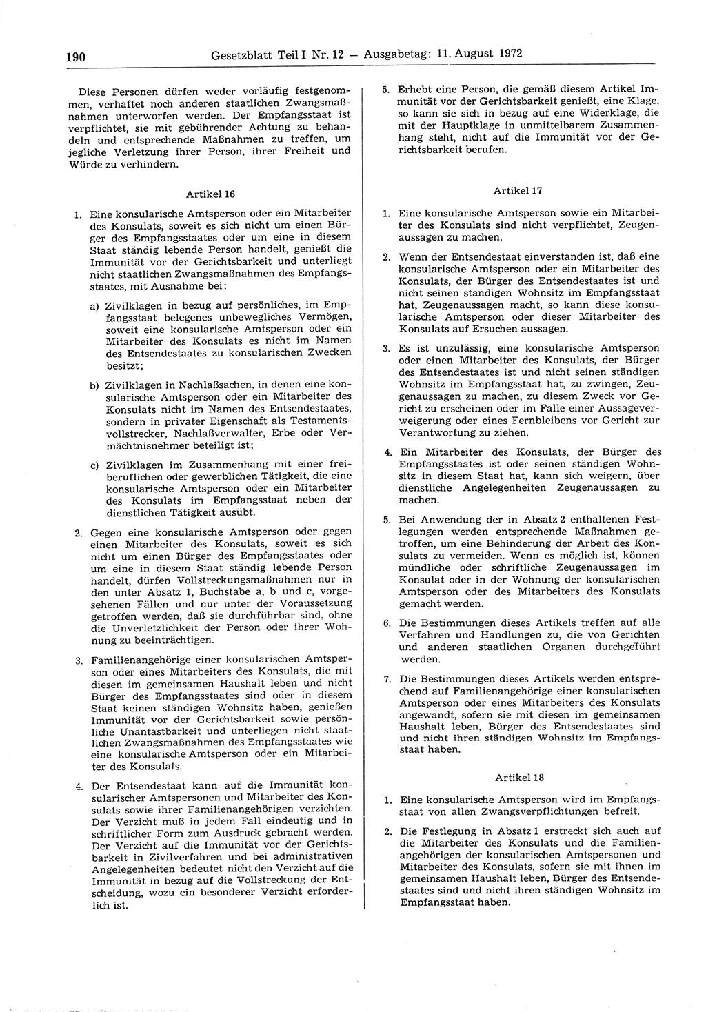 Gesetzblatt (GBl.) der Deutschen Demokratischen Republik (DDR) Teil Ⅰ 1972, Seite 190 (GBl. DDR Ⅰ 1972, S. 190)