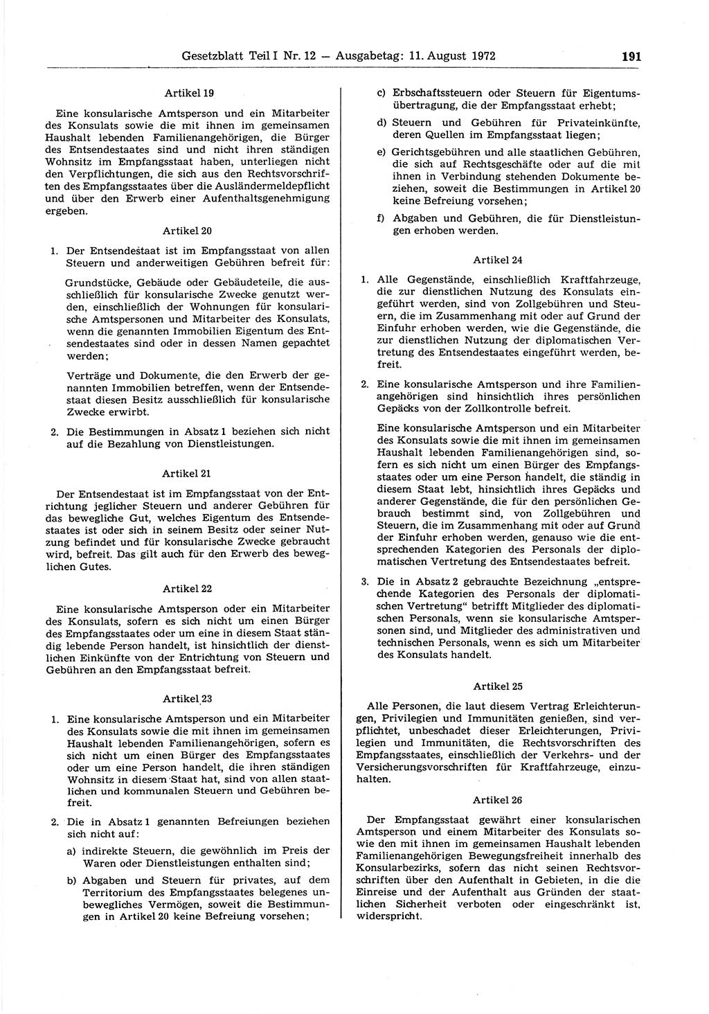 Gesetzblatt (GBl.) der Deutschen Demokratischen Republik (DDR) Teil Ⅰ 1972, Seite 191 (GBl. DDR Ⅰ 1972, S. 191)
