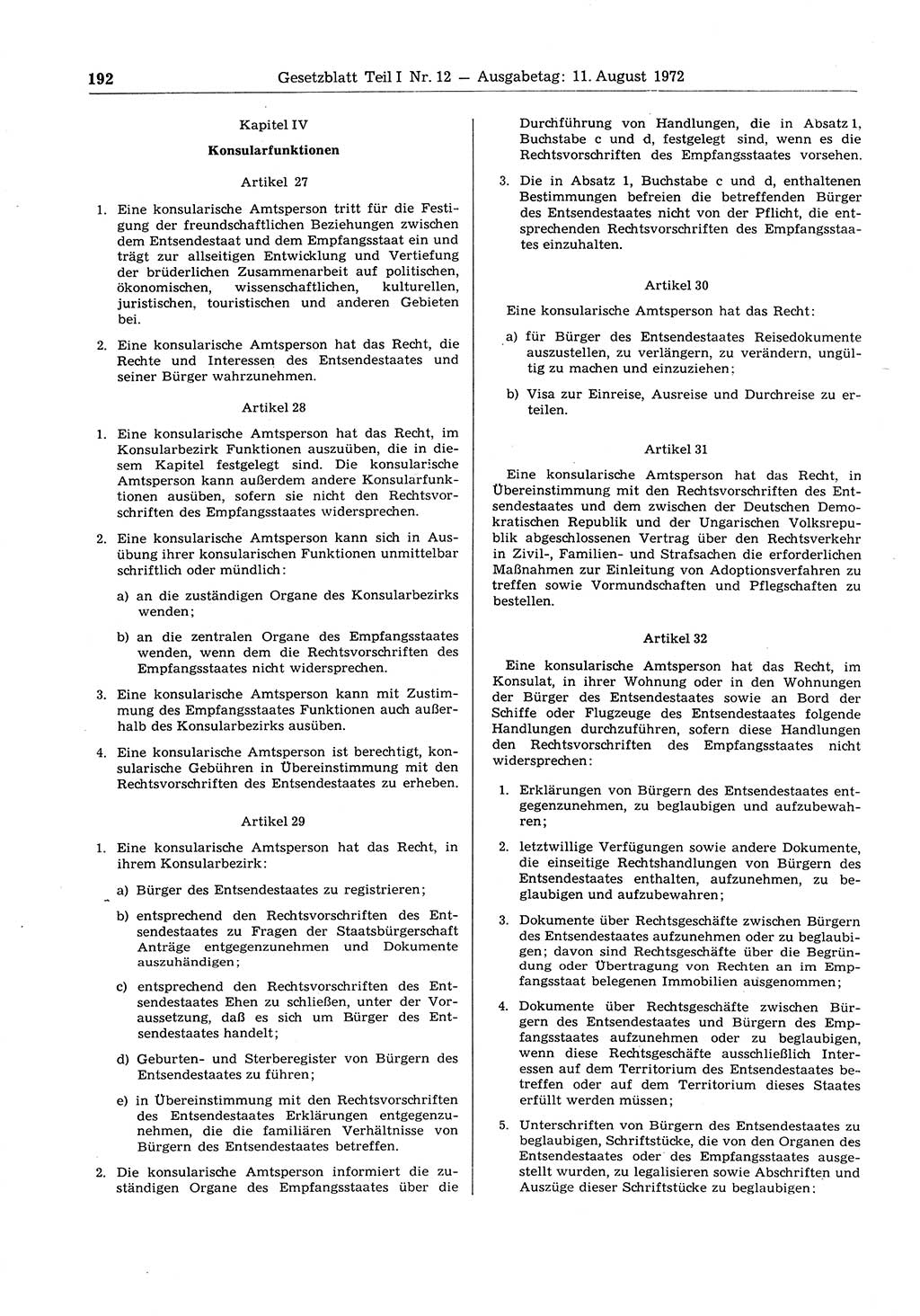 Gesetzblatt (GBl.) der Deutschen Demokratischen Republik (DDR) Teil Ⅰ 1972, Seite 192 (GBl. DDR Ⅰ 1972, S. 192)