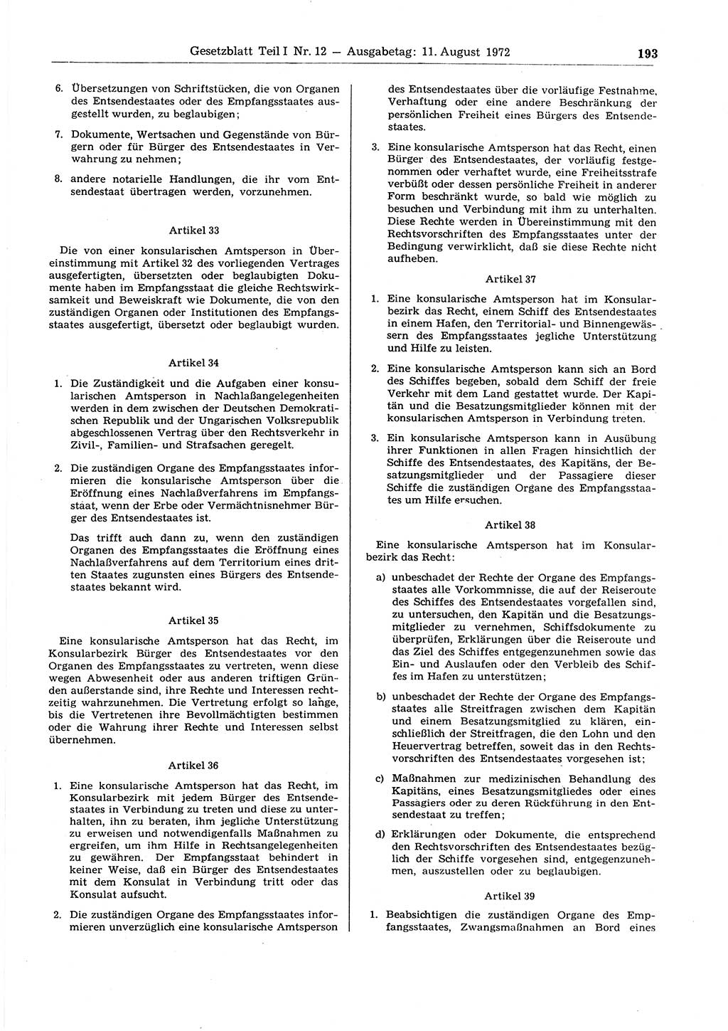 Gesetzblatt (GBl.) der Deutschen Demokratischen Republik (DDR) Teil Ⅰ 1972, Seite 193 (GBl. DDR Ⅰ 1972, S. 193)