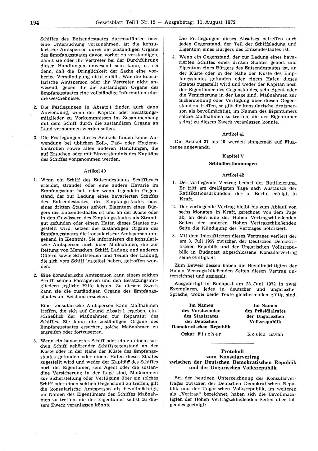 Gesetzblatt (GBl.) der Deutschen Demokratischen Republik (DDR) Teil Ⅰ 1972, Seite 194 (GBl. DDR Ⅰ 1972, S. 194)