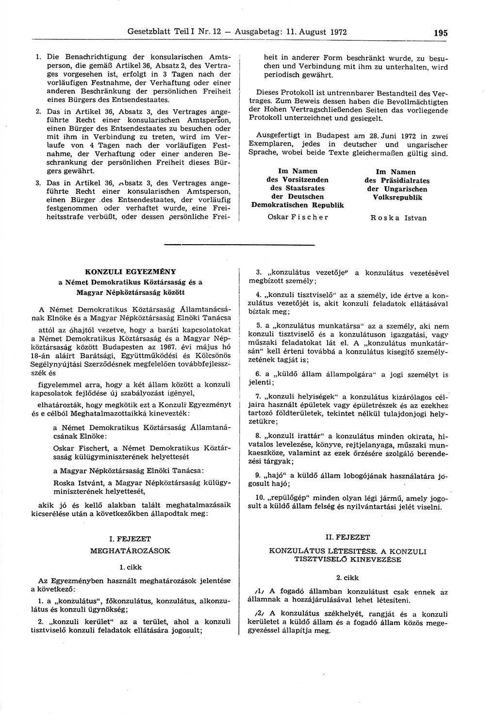 Gesetzblatt (GBl.) der Deutschen Demokratischen Republik (DDR) Teil Ⅰ 1972, Seite 195 (GBl. DDR Ⅰ 1972, S. 195)
