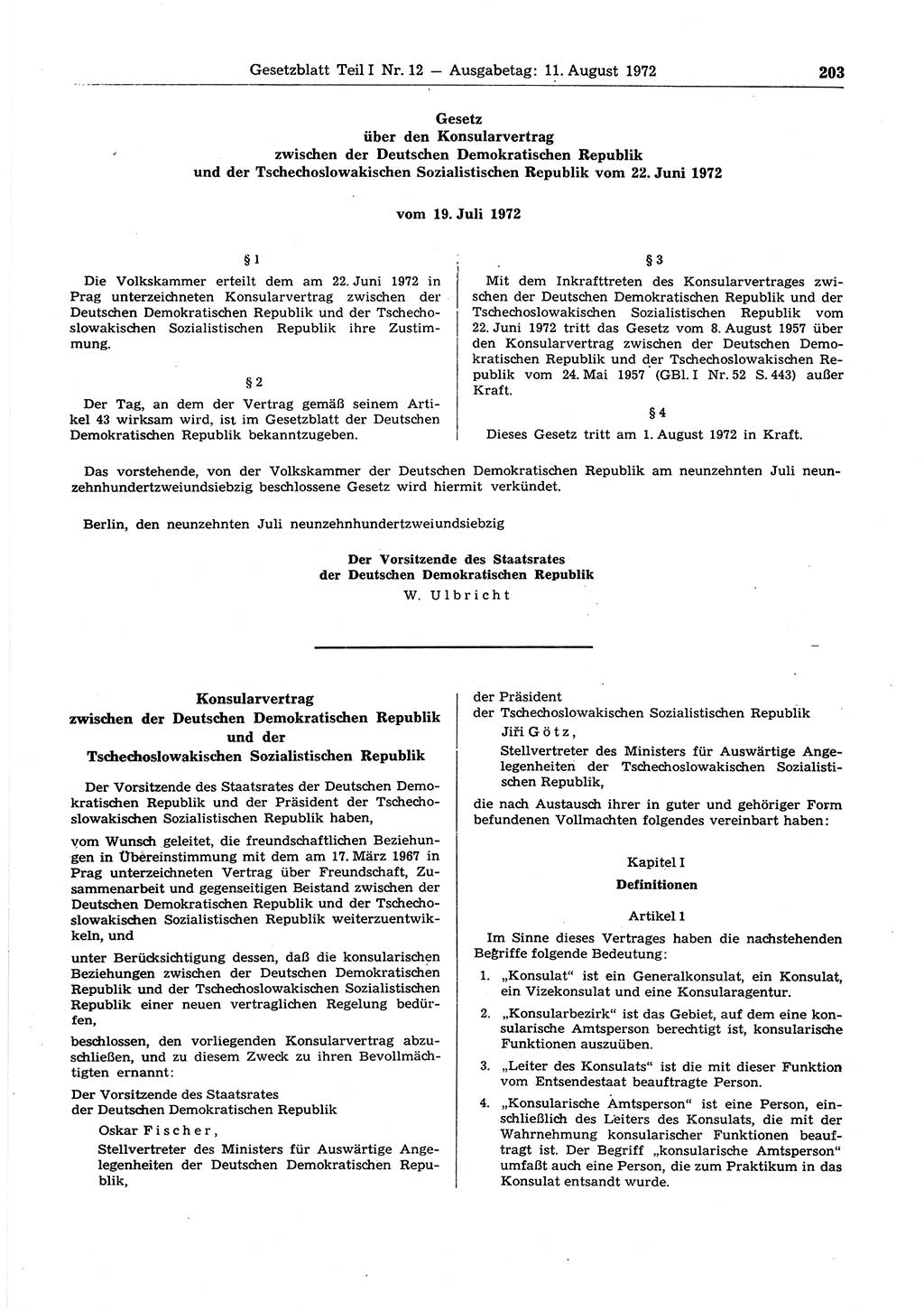 Gesetzblatt (GBl.) der Deutschen Demokratischen Republik (DDR) Teil Ⅰ 1972, Seite 203 (GBl. DDR Ⅰ 1972, S. 203)