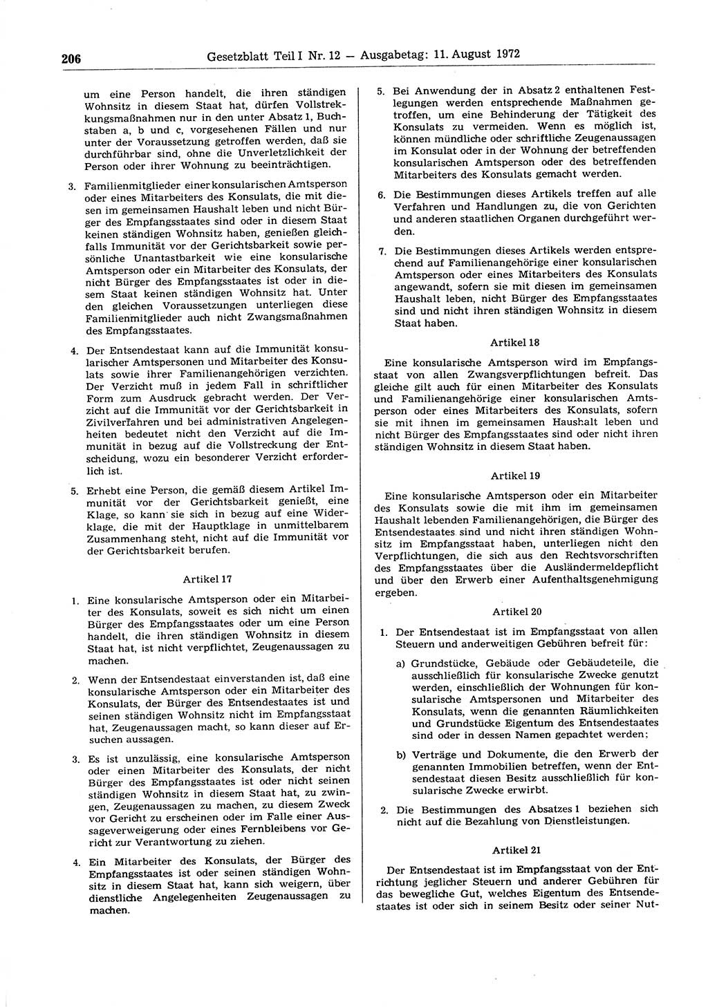 Gesetzblatt (GBl.) der Deutschen Demokratischen Republik (DDR) Teil Ⅰ 1972, Seite 206 (GBl. DDR Ⅰ 1972, S. 206)