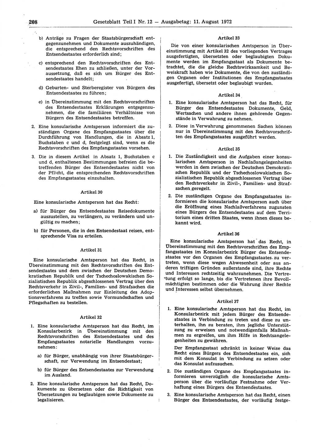 Gesetzblatt (GBl.) der Deutschen Demokratischen Republik (DDR) Teil Ⅰ 1972, Seite 208 (GBl. DDR Ⅰ 1972, S. 208)