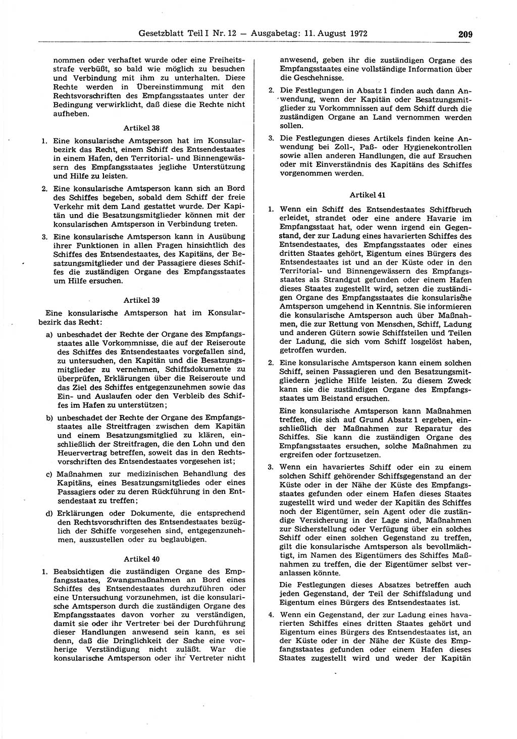 Gesetzblatt (GBl.) der Deutschen Demokratischen Republik (DDR) Teil Ⅰ 1972, Seite 209 (GBl. DDR Ⅰ 1972, S. 209)
