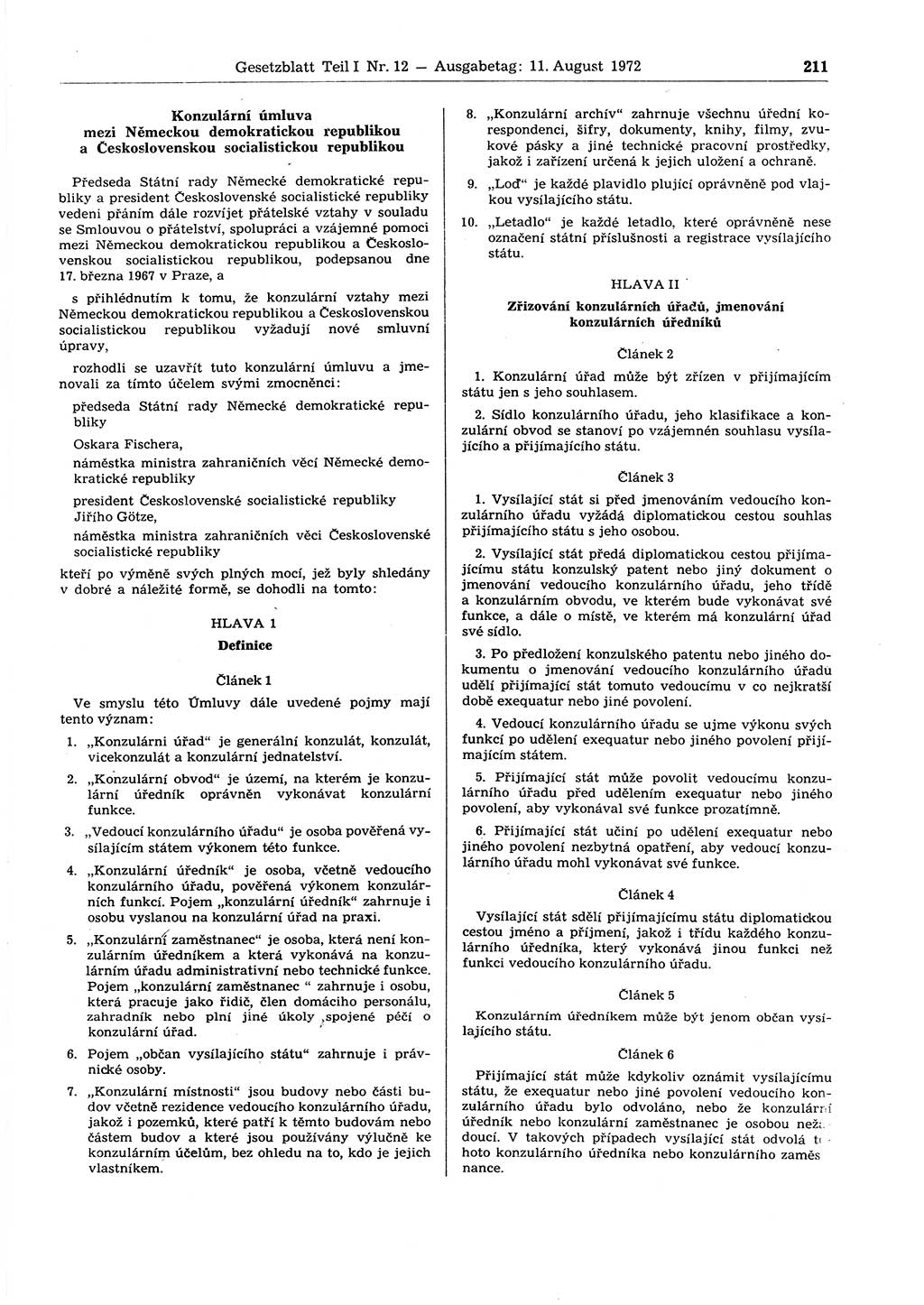 Gesetzblatt (GBl.) der Deutschen Demokratischen Republik (DDR) Teil Ⅰ 1972, Seite 211 (GBl. DDR Ⅰ 1972, S. 211)