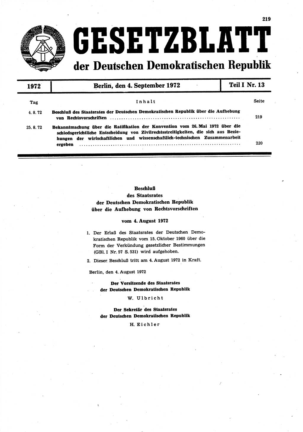 Gesetzblatt (GBl.) der Deutschen Demokratischen Republik (DDR) Teil Ⅰ 1972, Seite 219 (GBl. DDR Ⅰ 1972, S. 219)