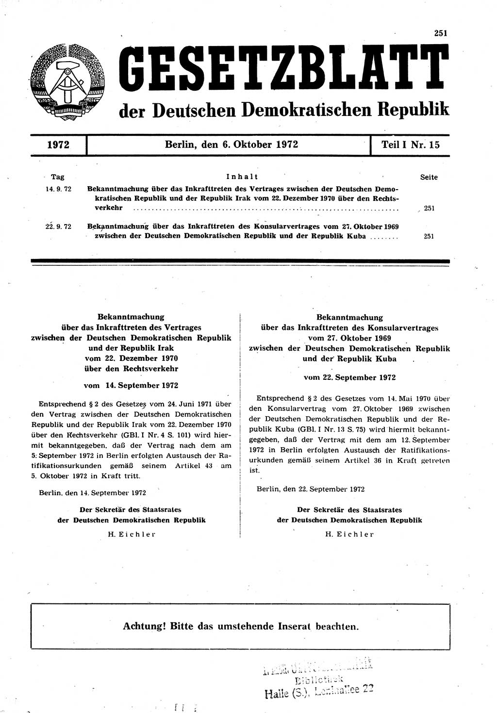 Gesetzblatt (GBl.) der Deutschen Demokratischen Republik (DDR) Teil Ⅰ 1972, Seite 251 (GBl. DDR Ⅰ 1972, S. 251)