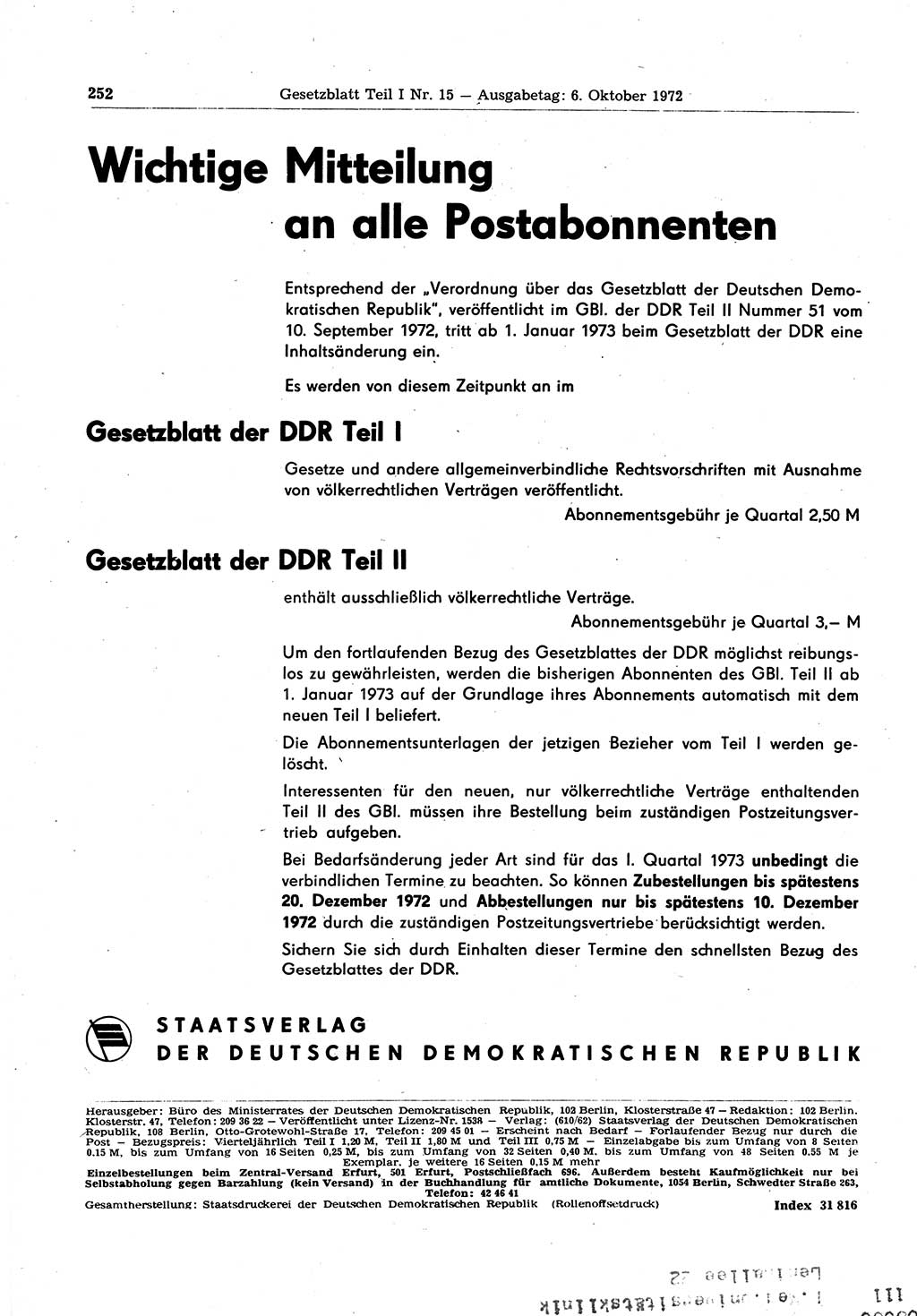 Gesetzblatt (GBl.) der Deutschen Demokratischen Republik (DDR) Teil Ⅰ 1972, Seite 252 (GBl. DDR Ⅰ 1972, S. 252)