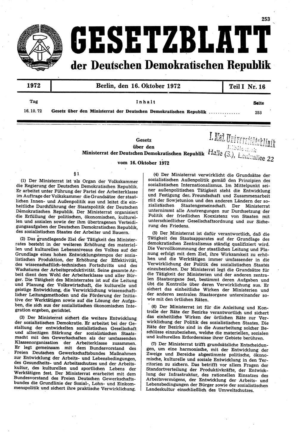 Gesetzblatt (GBl.) der Deutschen Demokratischen Republik (DDR) Teil Ⅰ 1972, Seite 253 (GBl. DDR Ⅰ 1972, S. 253)