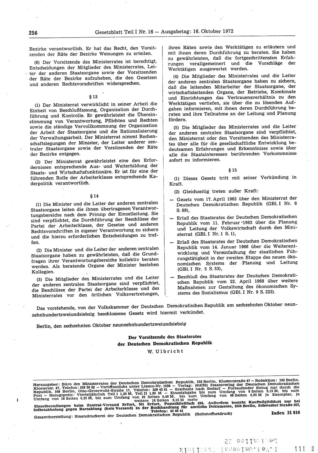 Gesetzblatt (GBl.) der Deutschen Demokratischen Republik (DDR) Teil Ⅰ 1972, Seite 256 (GBl. DDR Ⅰ 1972, S. 256)
