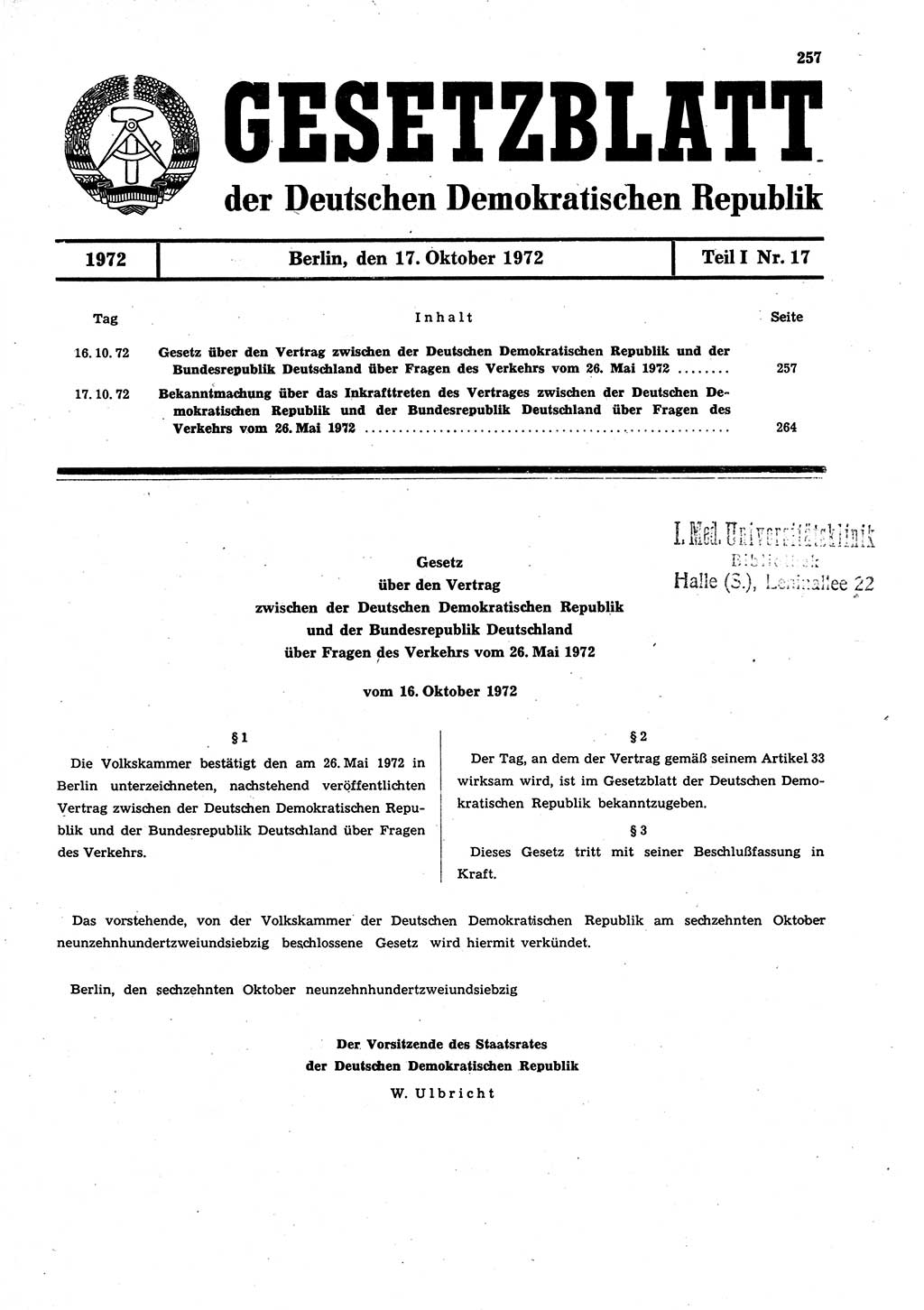 Gesetzblatt (GBl.) der Deutschen Demokratischen Republik (DDR) Teil Ⅰ 1972, Seite 257 (GBl. DDR Ⅰ 1972, S. 257)