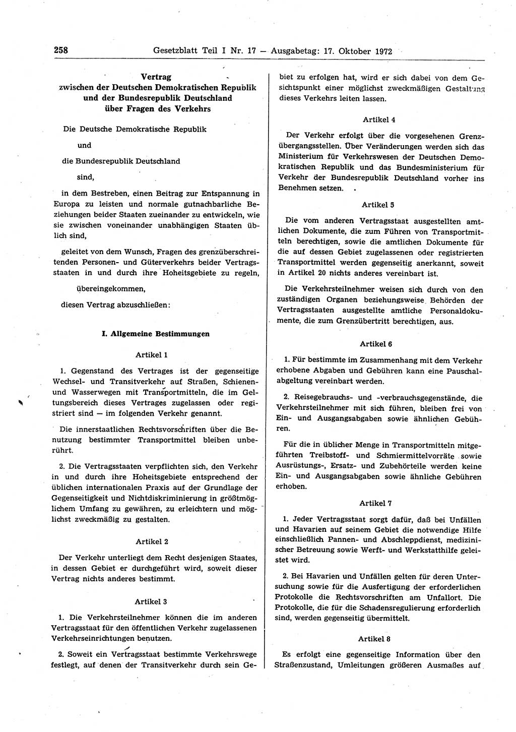 Gesetzblatt (GBl.) der Deutschen Demokratischen Republik (DDR) Teil Ⅰ 1972, Seite 258 (GBl. DDR Ⅰ 1972, S. 258)
