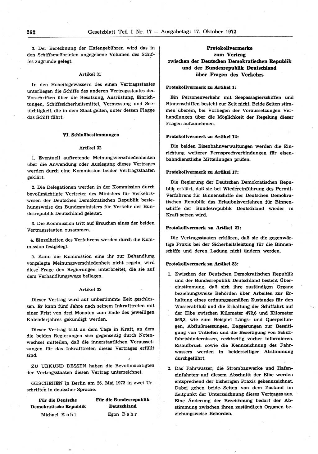 Gesetzblatt (GBl.) der Deutschen Demokratischen Republik (DDR) Teil Ⅰ 1972, Seite 262 (GBl. DDR Ⅰ 1972, S. 262)