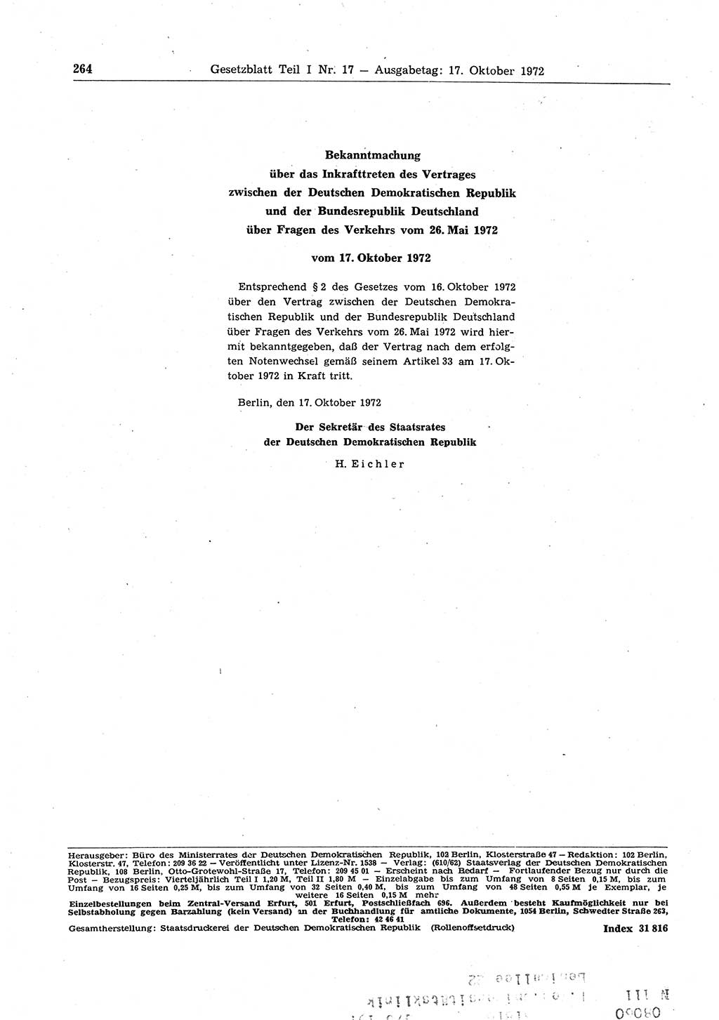 Gesetzblatt (GBl.) der Deutschen Demokratischen Republik (DDR) Teil Ⅰ 1972, Seite 264 (GBl. DDR Ⅰ 1972, S. 264)