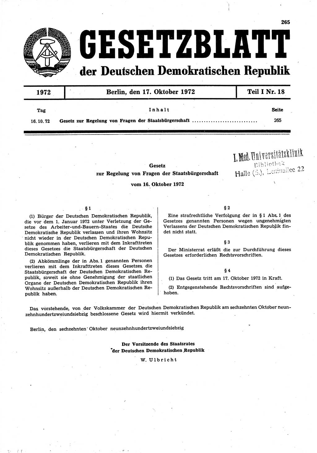 Gesetzblatt (GBl.) der Deutschen Demokratischen Republik (DDR) Teil Ⅰ 1972, Seite 265 (GBl. DDR Ⅰ 1972, S. 265)