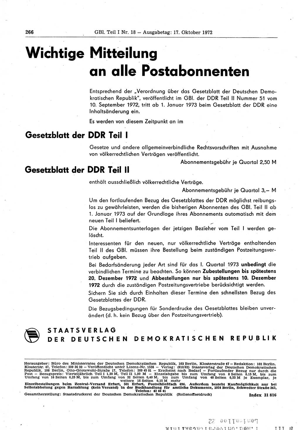 Gesetzblatt (GBl.) der Deutschen Demokratischen Republik (DDR) Teil Ⅰ 1972, Seite 266 (GBl. DDR Ⅰ 1972, S. 266)