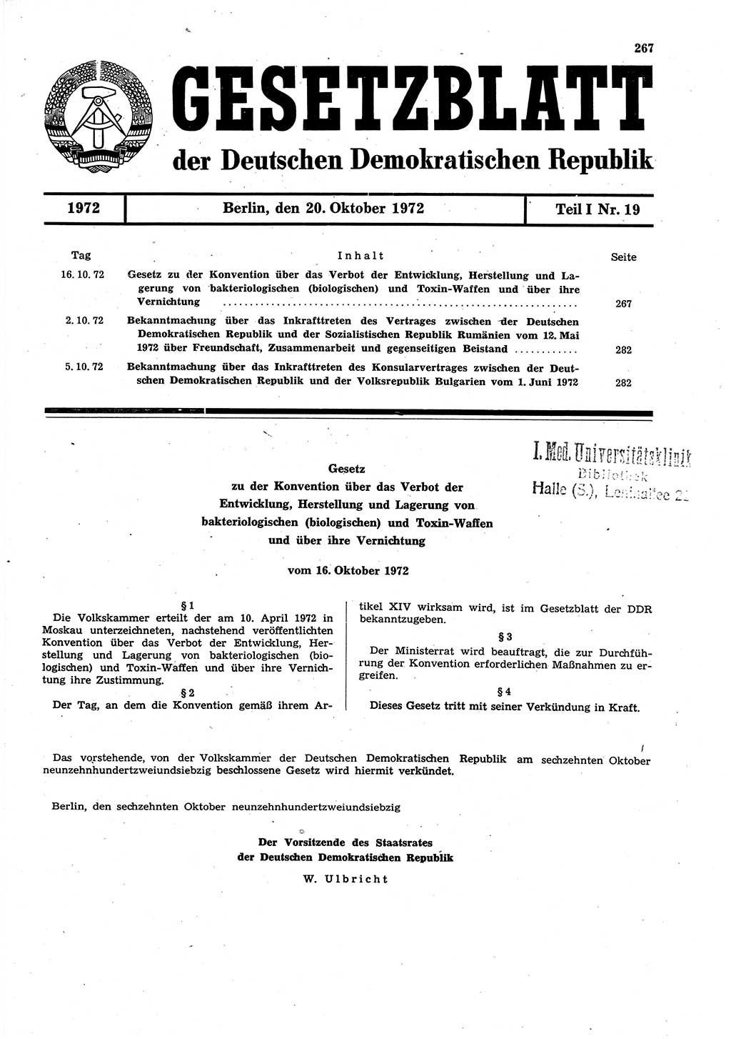 Gesetzblatt (GBl.) der Deutschen Demokratischen Republik (DDR) Teil Ⅰ 1972, Seite 267 (GBl. DDR Ⅰ 1972, S. 267)