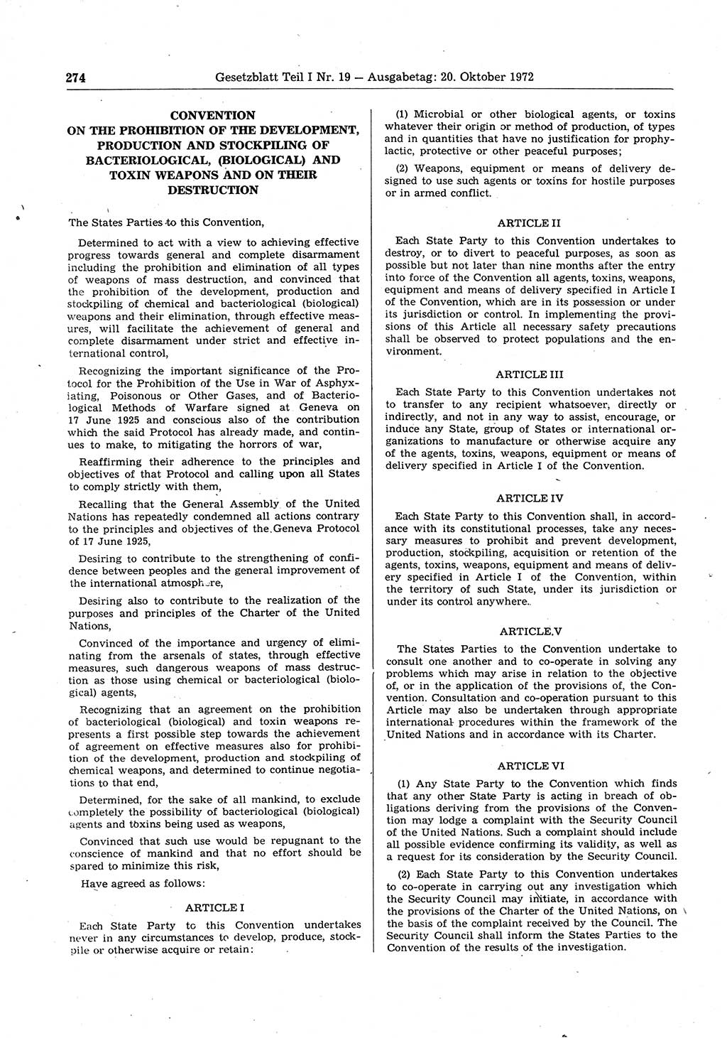 Gesetzblatt (GBl.) der Deutschen Demokratischen Republik (DDR) Teil Ⅰ 1972, Seite 274 (GBl. DDR Ⅰ 1972, S. 274)