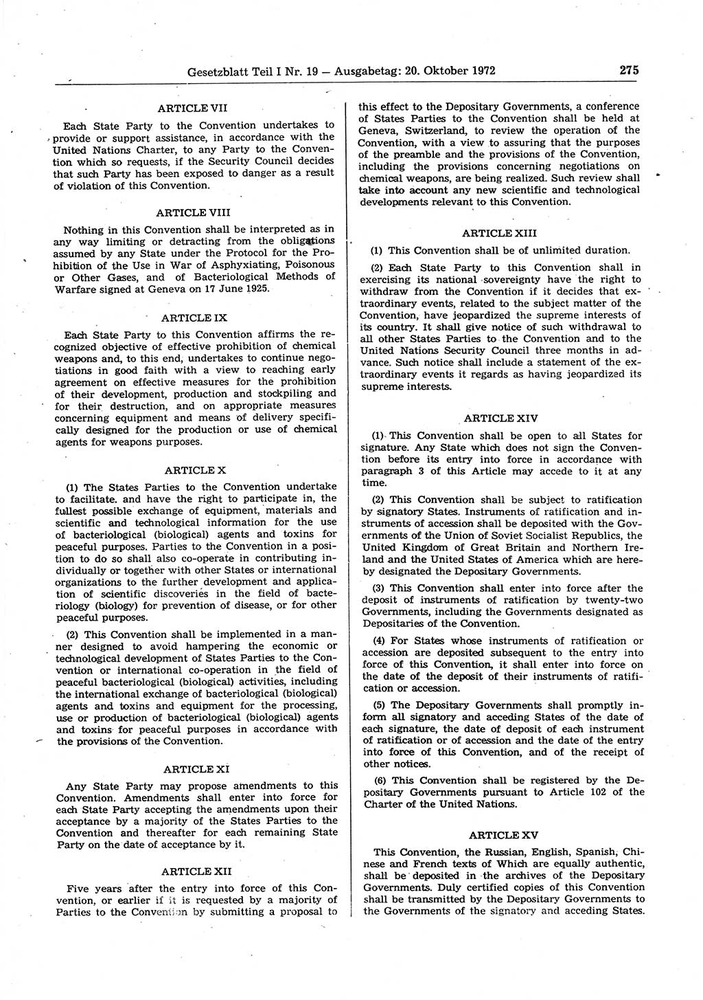 Gesetzblatt (GBl.) der Deutschen Demokratischen Republik (DDR) Teil Ⅰ 1972, Seite 275 (GBl. DDR Ⅰ 1972, S. 275)