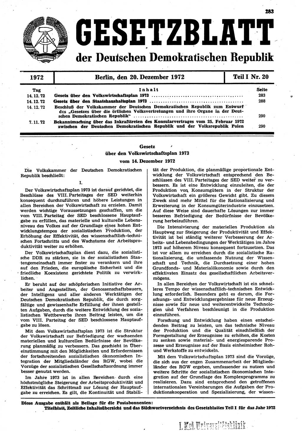 Gesetzblatt (GBl.) der Deutschen Demokratischen Republik (DDR) Teil Ⅰ 1972, Seite 283 (GBl. DDR Ⅰ 1972, S. 283)