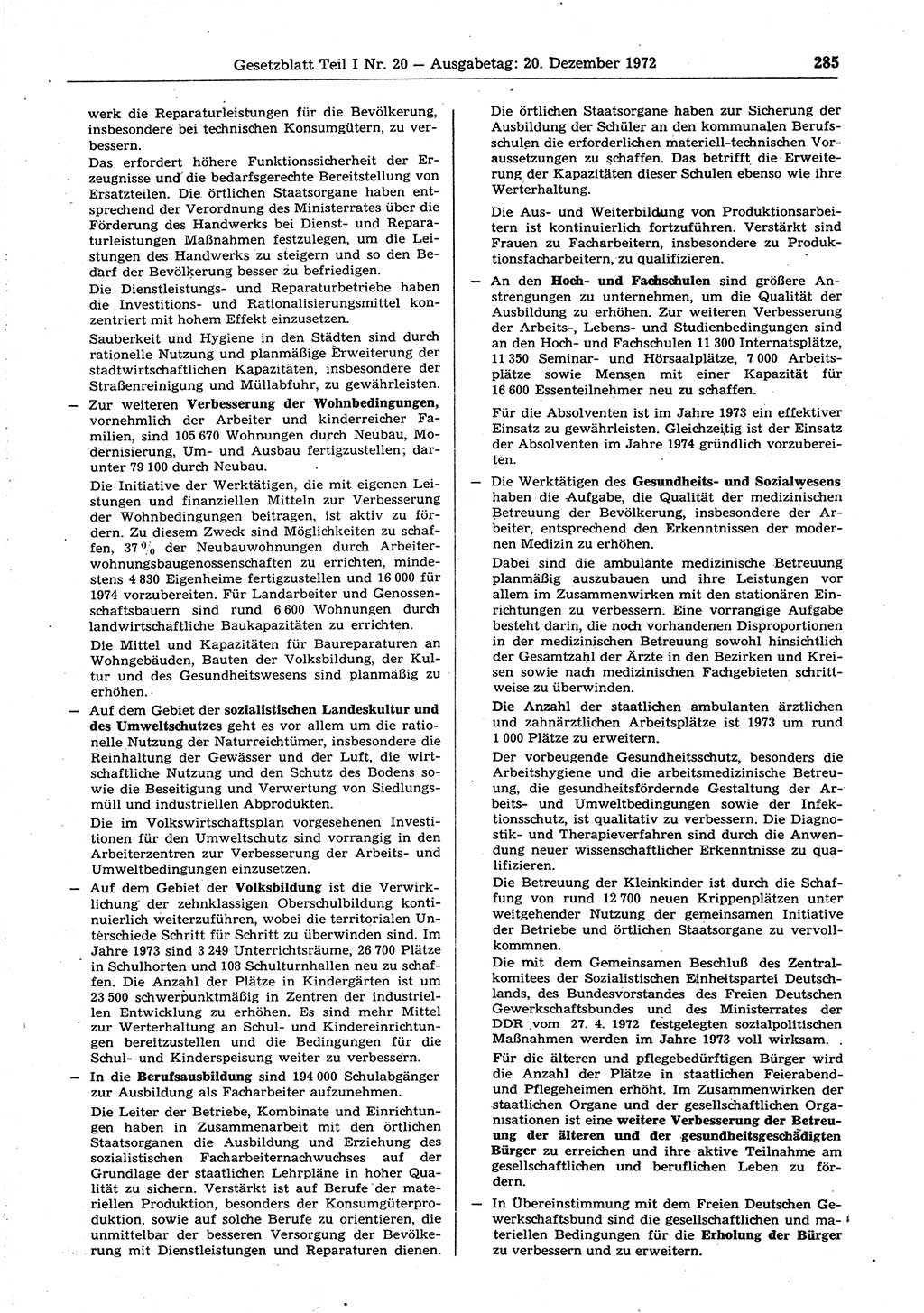 Gesetzblatt (GBl.) der Deutschen Demokratischen Republik (DDR) Teil Ⅰ 1972, Seite 285 (GBl. DDR Ⅰ 1972, S. 285)