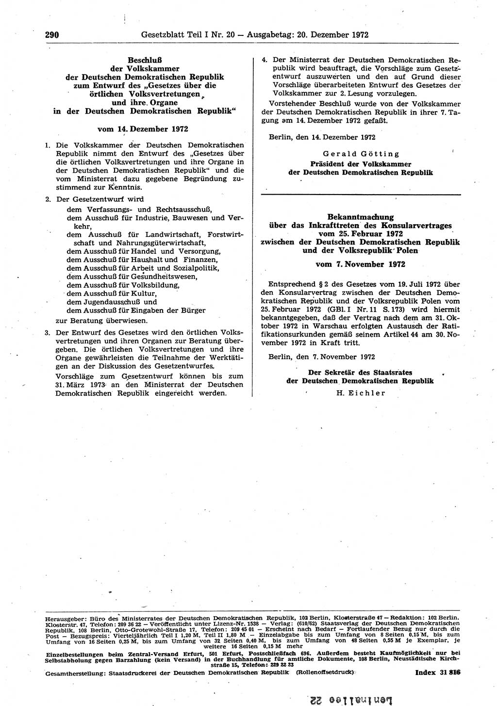 Gesetzblatt (GBl.) der Deutschen Demokratischen Republik (DDR) Teil Ⅰ 1972, Seite 290 (GBl. DDR Ⅰ 1972, S. 290)
