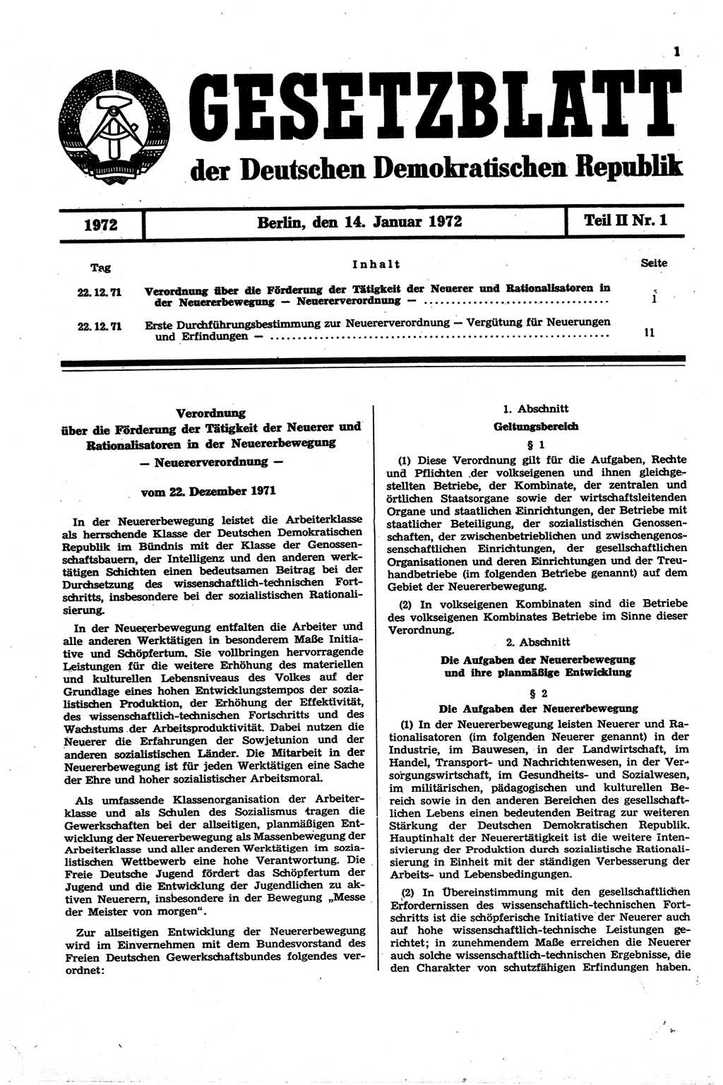 Gesetzblatt (GBl.) der Deutschen Demokratischen Republik (DDR) Teil ⅠⅠ 1972, Seite 1 (GBl. DDR ⅠⅠ 1972, S. 1)