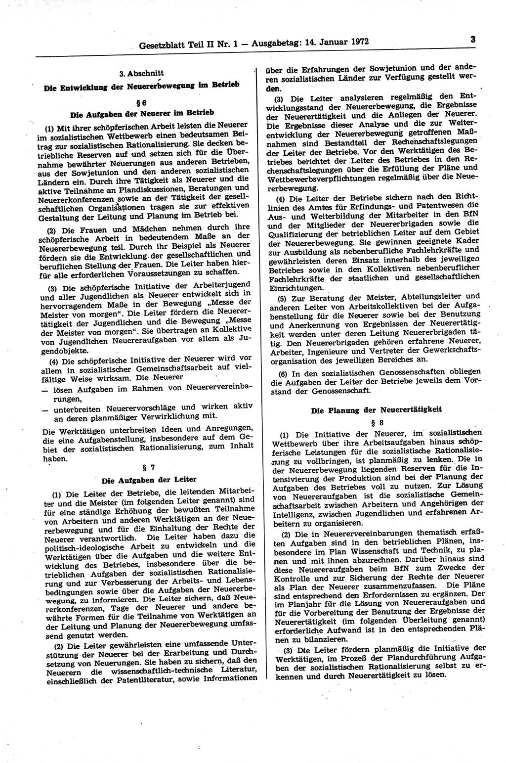 Gesetzblatt (GBl.) der Deutschen Demokratischen Republik (DDR) Teil ⅠⅠ 1972, Seite 3 (GBl. DDR ⅠⅠ 1972, S. 3)