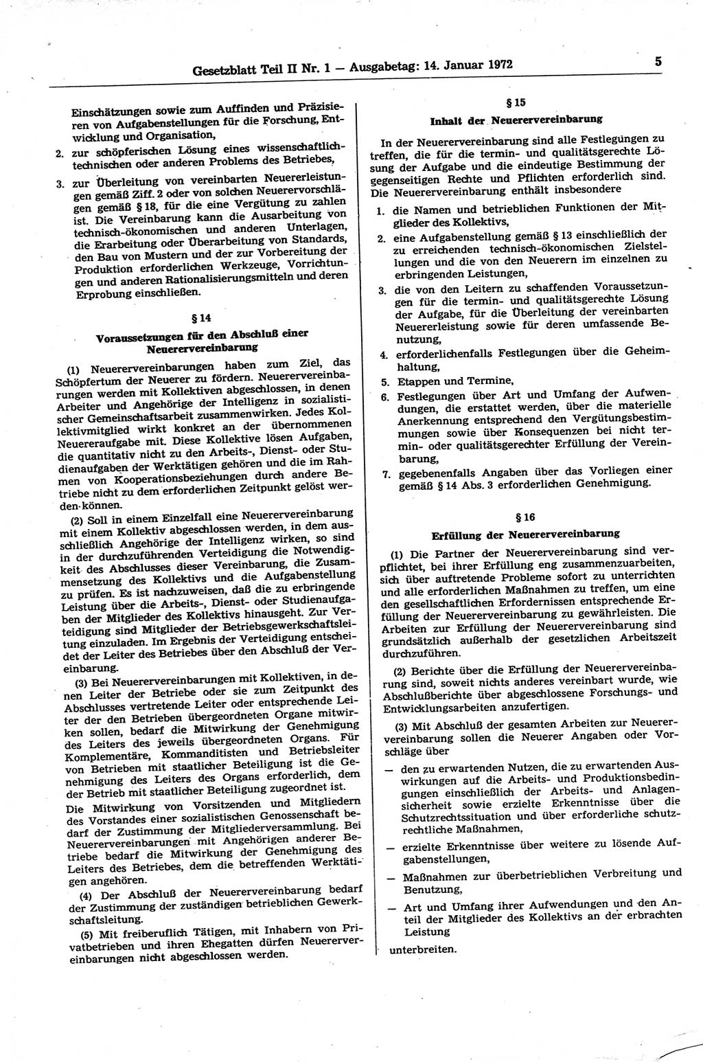 Gesetzblatt (GBl.) der Deutschen Demokratischen Republik (DDR) Teil ⅠⅠ 1972, Seite 5 (GBl. DDR ⅠⅠ 1972, S. 5)