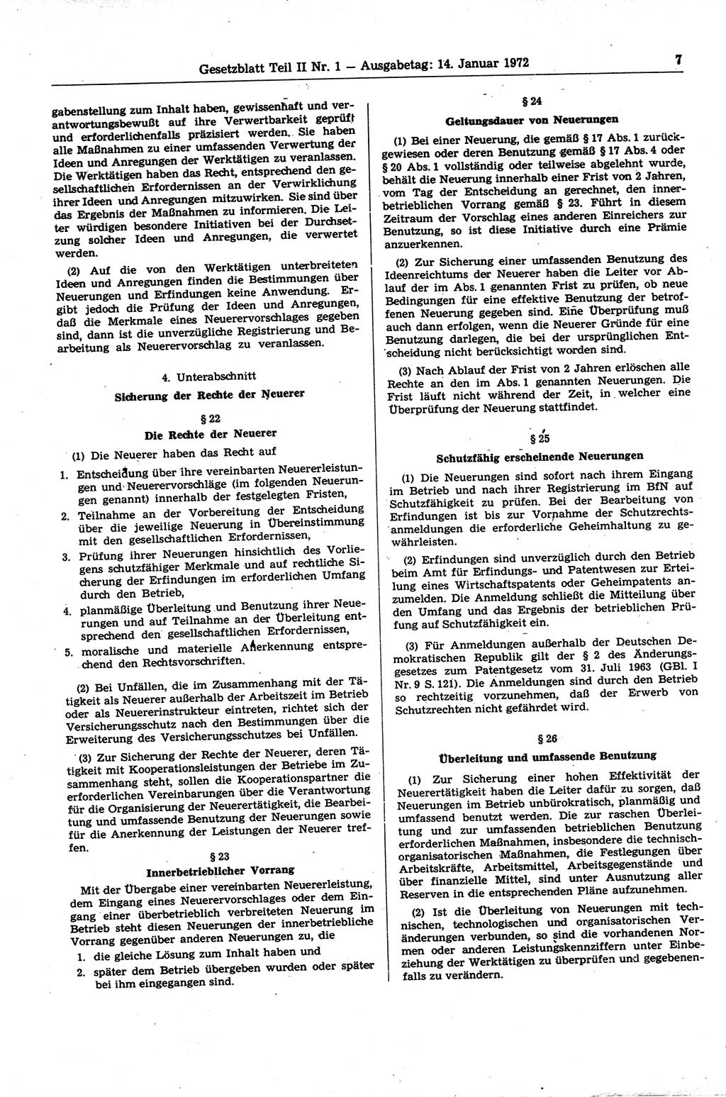 Gesetzblatt (GBl.) der Deutschen Demokratischen Republik (DDR) Teil ⅠⅠ 1972, Seite 7 (GBl. DDR ⅠⅠ 1972, S. 7)